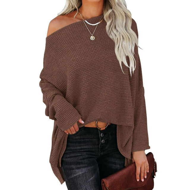 Suéter de punto con alas de murciélago, manga larga, un hombro, Color puro, Tops casuales de moda para mujer
