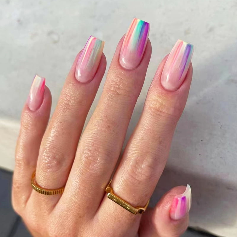 Lan&leefee French tip press on nails medium , fake nails with 24 pieces or press  on nails long polish nail tips-Pink & white 