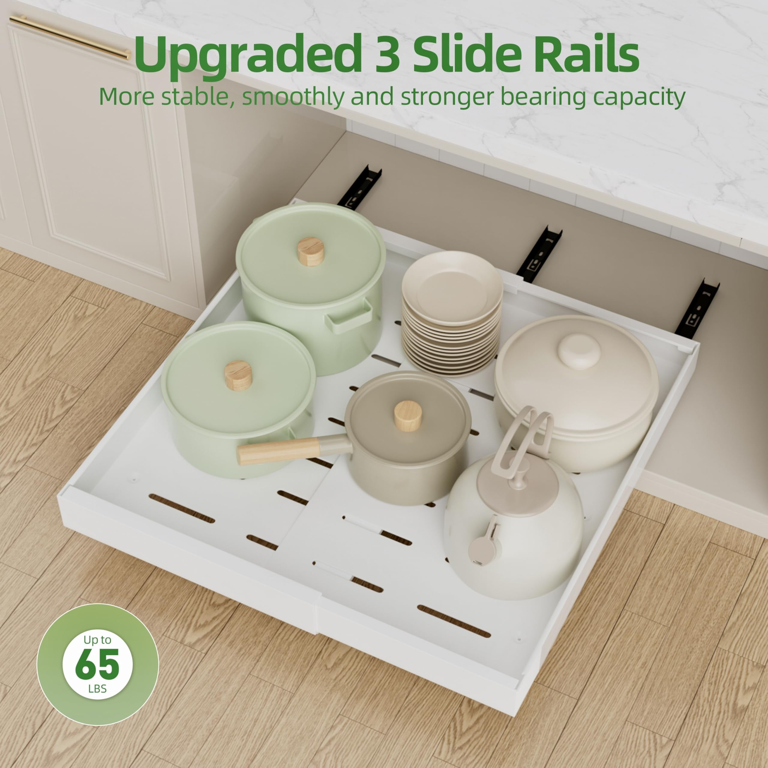 Gimgong Expandable Pull Out Cabinet Organizer with 3 Slide Rails, Sliding Drawers for Cabinet, White, 21"D x 12"-20"W