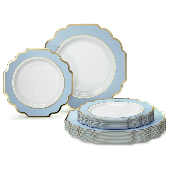 " OCCASIONS " 50 Plates Pack (25 Guests)-Heavyweight Wedding Party Disposable Plastic Plate Set -(25x10.5'' Dinner 25x8'' Salad/dessert (Imperial in White/Blue & Gold)