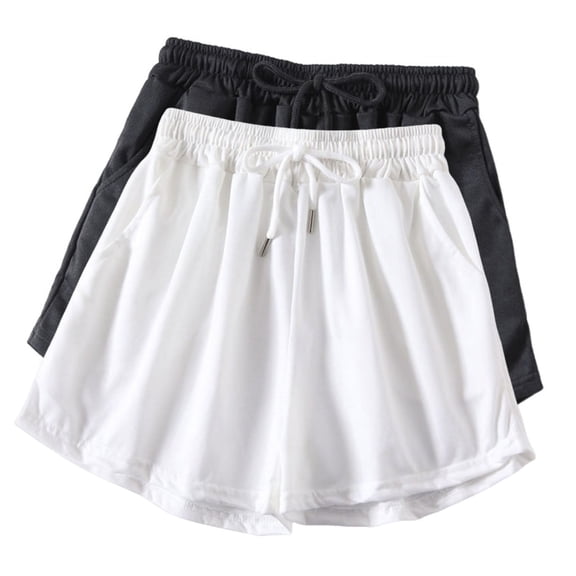 Womens Shorts 2025 Summer Solid Color Thin and Loose Fitting Running and Fitness Can Be Worn Externally High Waisted and Wide Leg Casual-Line Short Black L