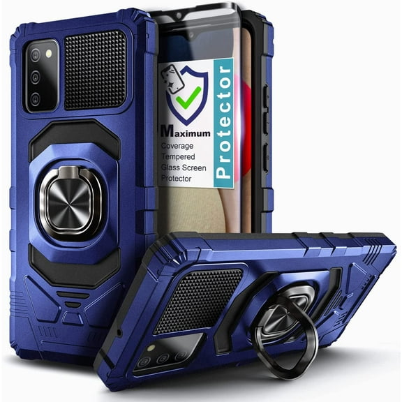 Nagebee Phone Case Compatible for Samsung Galaxy A03S with Tempered Glass Screen Protector (Full Coverage), Full-Body Protective [Military-Grade] Magnetic Car Mount Ring Holder Durable Case (Blue)