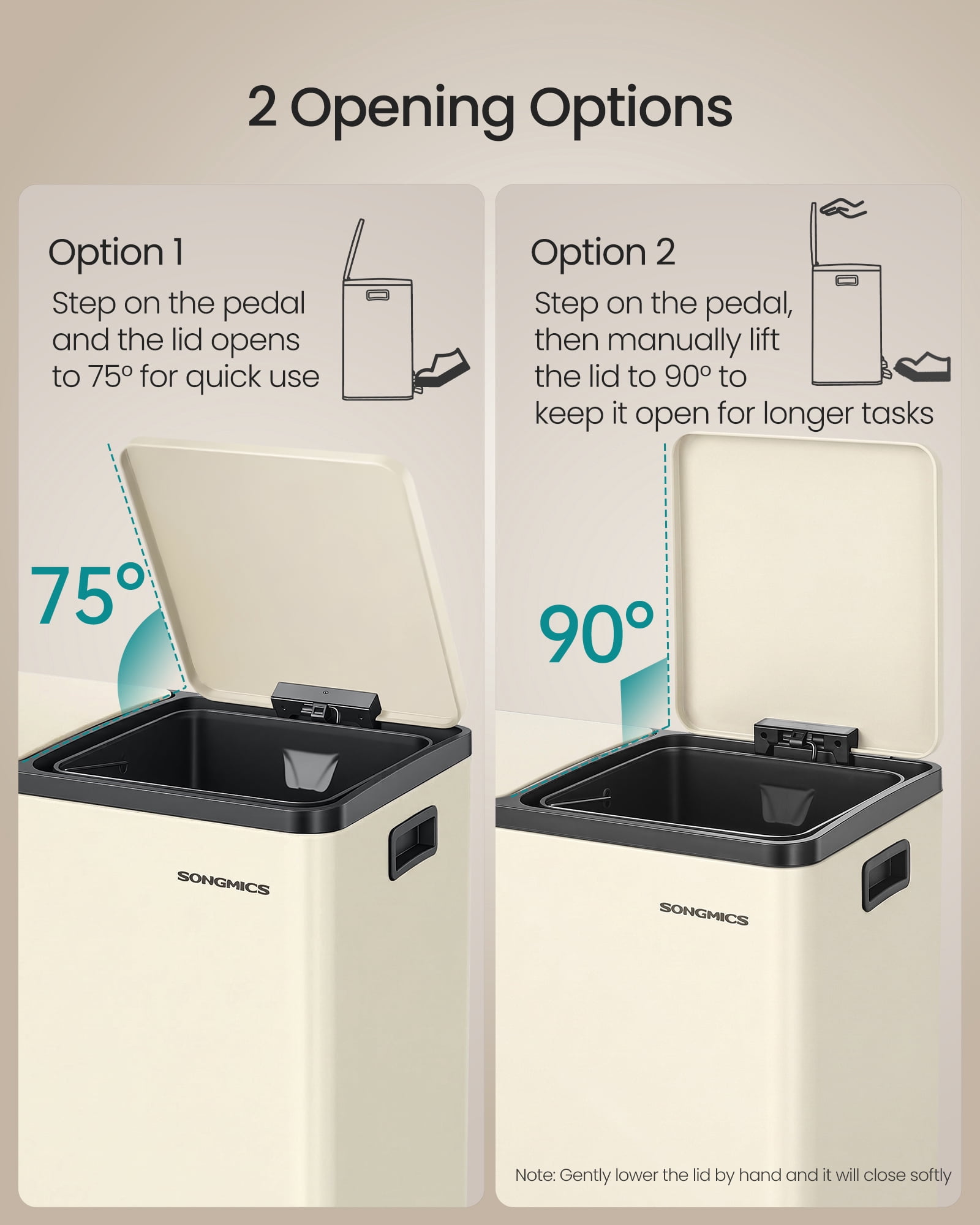 SONGMICS Trash Can, 2 x 8 Gallon (2 x 30 L) Double Compartment Garbage Can for Recycling, Stainless Steel, with 15 Liner Bags, Almond Color