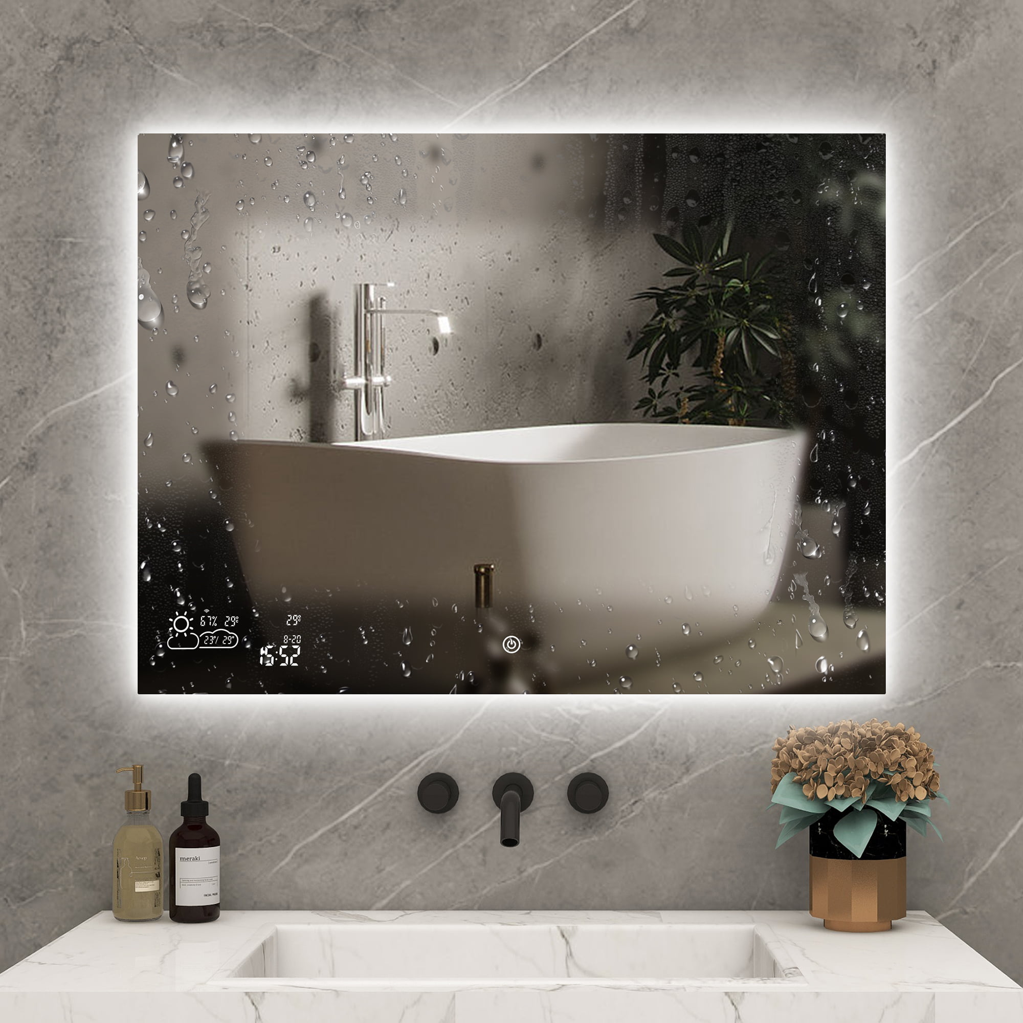 BYECOLD Smart Bathroom Mirror with Bluetooth Wi-Fi Enabled Weather Display,  32”X 24” Fog Free, LED Light Vanity Mirror Backlit Frameless Lighted Touch