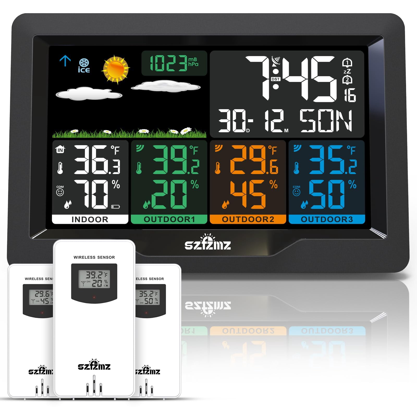 Weather Stations Wireless Indoor Outdoor With 3 Sensors, Color Display Weather Station Indoor Outdoor Thermometer Wireless Weather Forecast Station, Digital Atomic Clock With Backlight