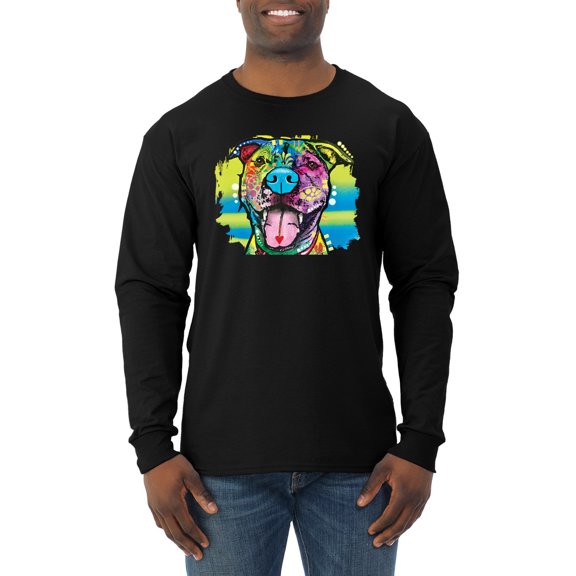 Cute Happy Smiling Dog Rainbow Pitbull Dog Lover Mens Long Sleeve Shirt, Black, Small