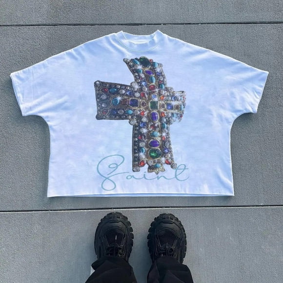 Yanluna T-shirt Surdimensionné à Imprimé Alphabet Croix Hip Hop Mode de Rue pour Femme Harajuku Décontracté à Manches Courtes pour Couple Y2k