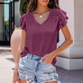 thumbnail image 2 of Top de manga corta con volantes en capas para mujer, blusa holgada informal de Color puro con cuello en V y hombros fruncidos, 2 of 6