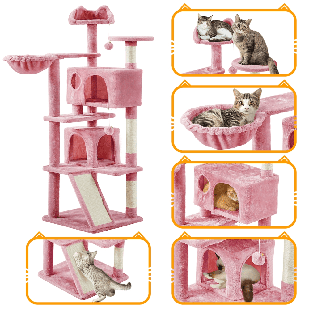 Alden Design 54" Double Condo Cat Tree with Scratching Post Tower, Pink