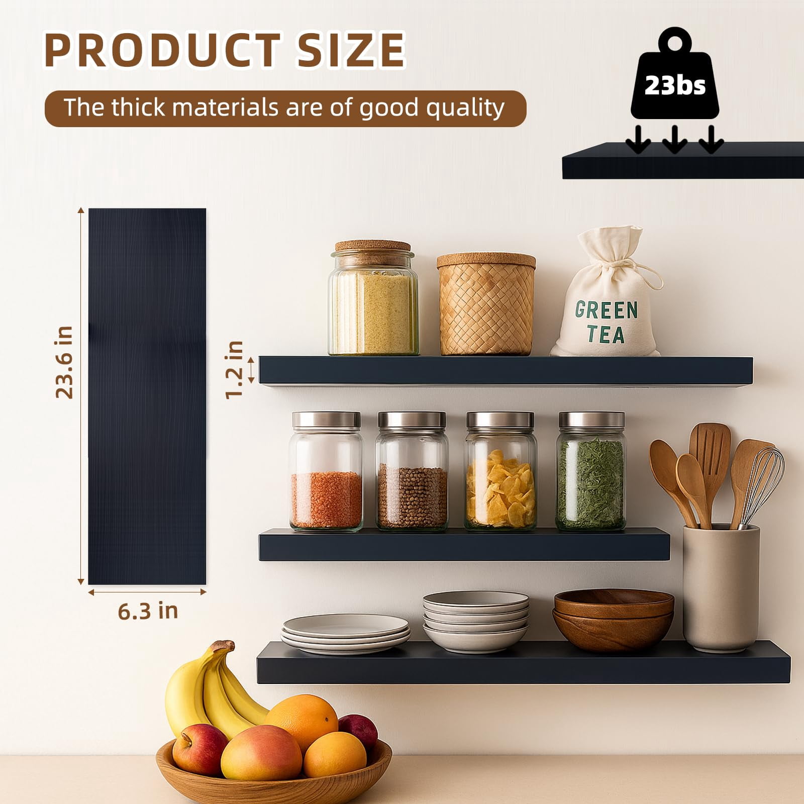 Floating Shelves For Wall Set Of 3 Black Wood Mounted  23.6 X 6.3 Inch Rustic Display Storage With Invisible Brackets Bedroom Bathroom Living Room Kitchen