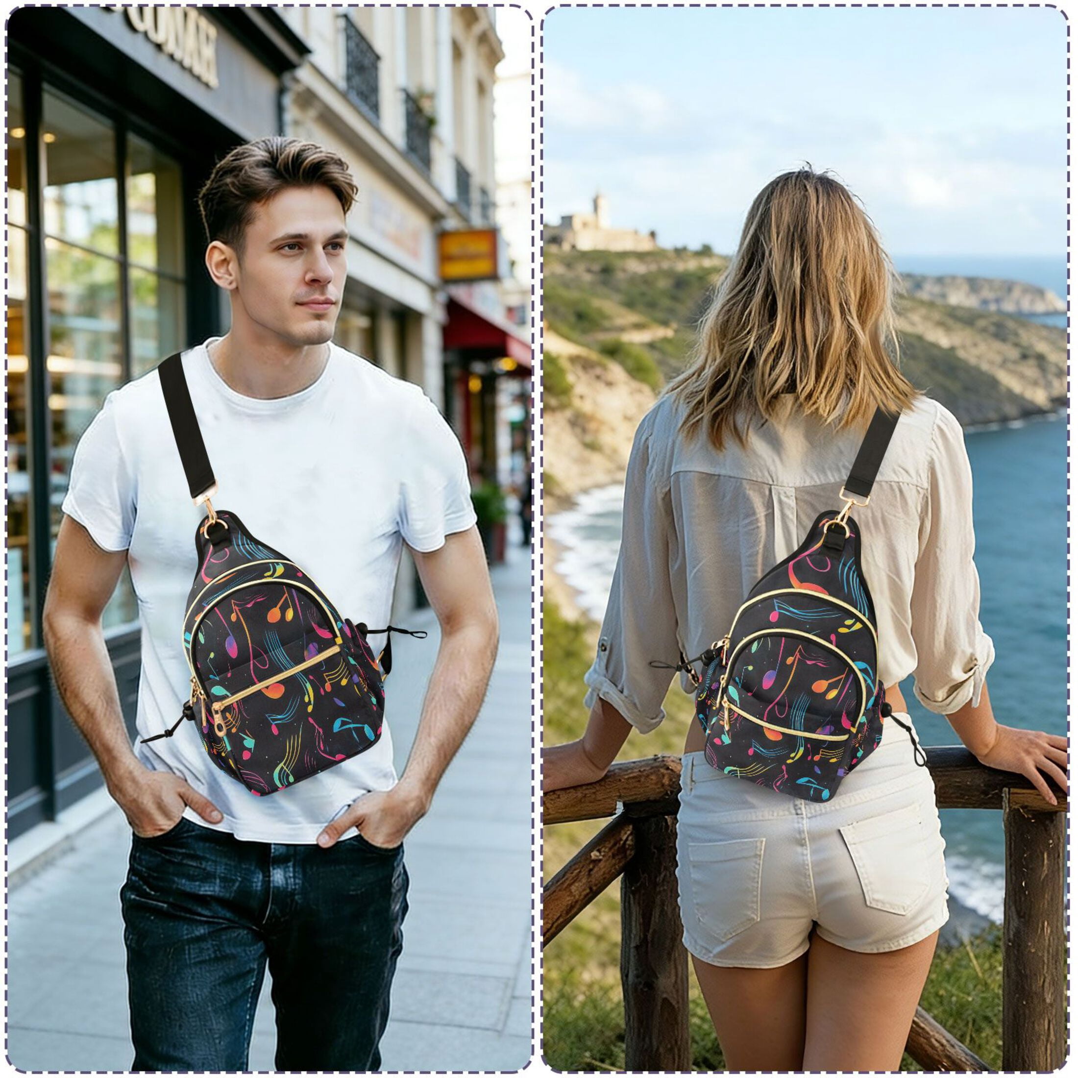 Crossbody Sling Bag for Women Shoulder Purse Trendy Daypack with Adjustable Strap Musical Notes and Waves Pattern