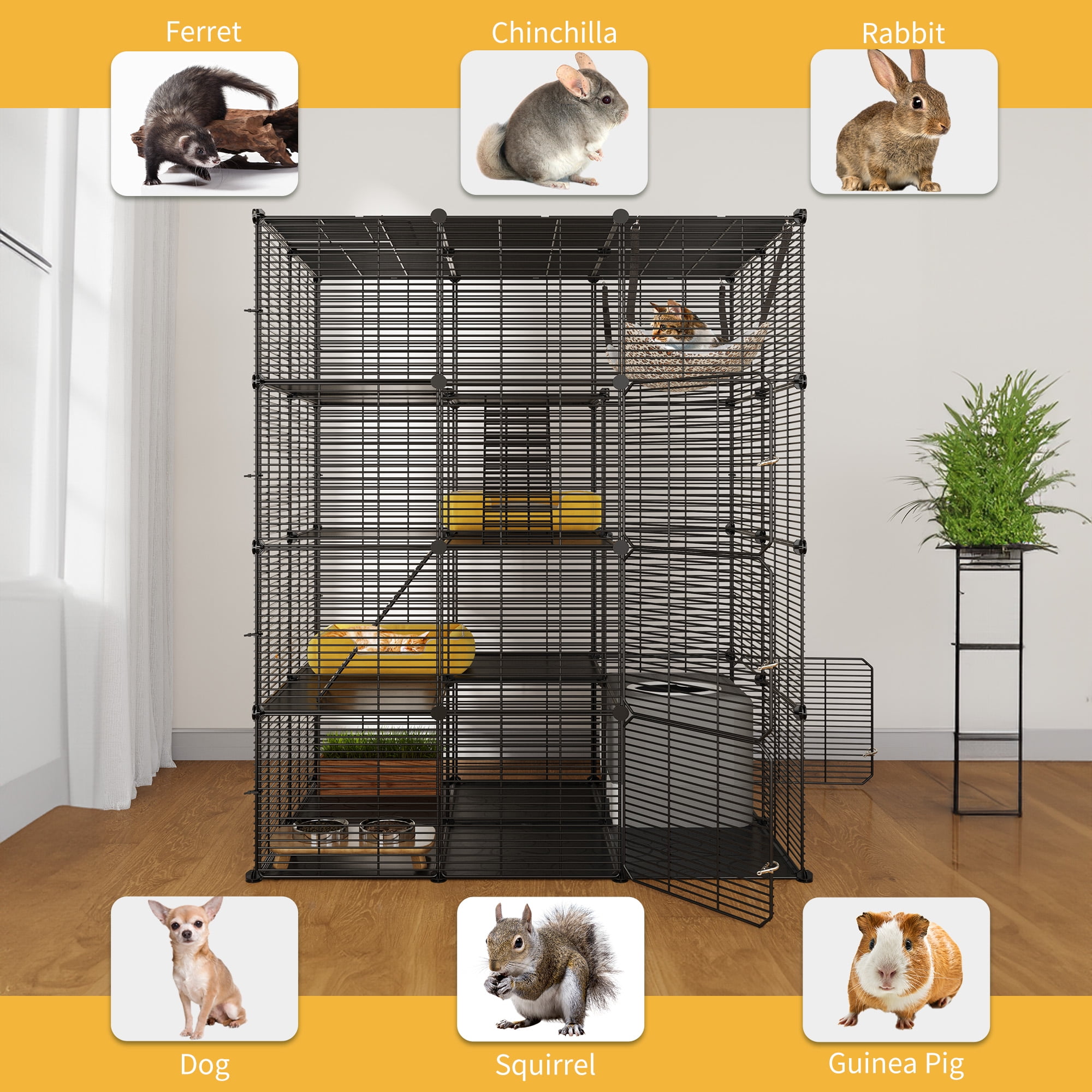 Dextrus Cat Cage Indoor Large with Hammock 4 Tier Outdoor Cat Enclosure Catio Metal Kennels for 1-3 Cats, DIY Detachable Pet Playpen, Black