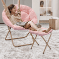 thumbnail image 4 of MoNiBloom Set of 2 Folding Saucer Chair with Ottoman, Faux Fur Moon Chair and Footrest with Metal Frame, Foldable Lounge Chair and Foot Stool Set, Pink, 4 of 11