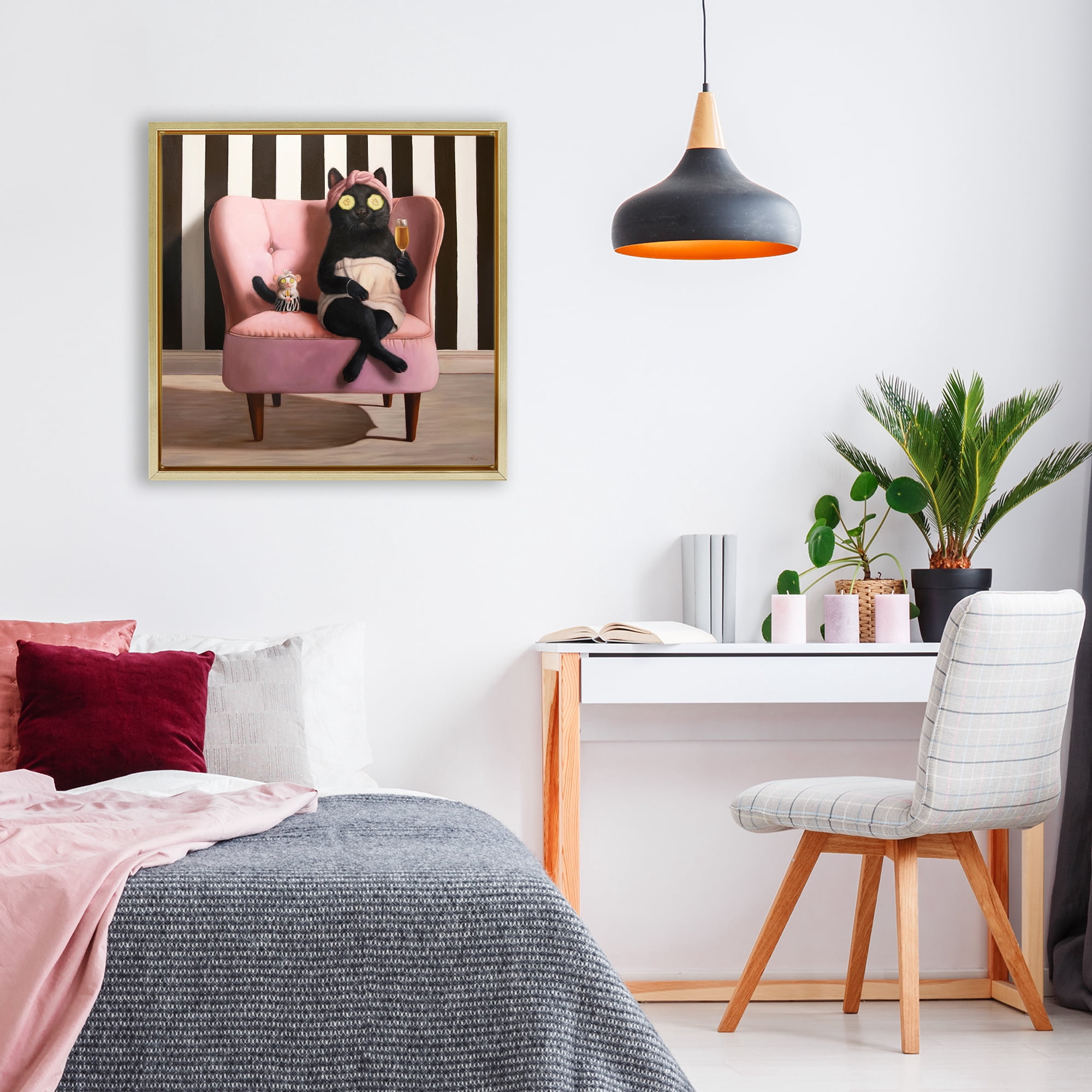 Stupell Industries Pamper Party Cat Gold Framed Floater Canvas Wall Art, design by Lucia Heffernan