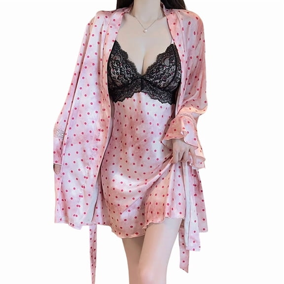 Women'S Sweet V-Neck Nine-Point Sleeve Nightgown Polka Dot Satin Lace Lazy Nightdress Outer Robe Pink One size