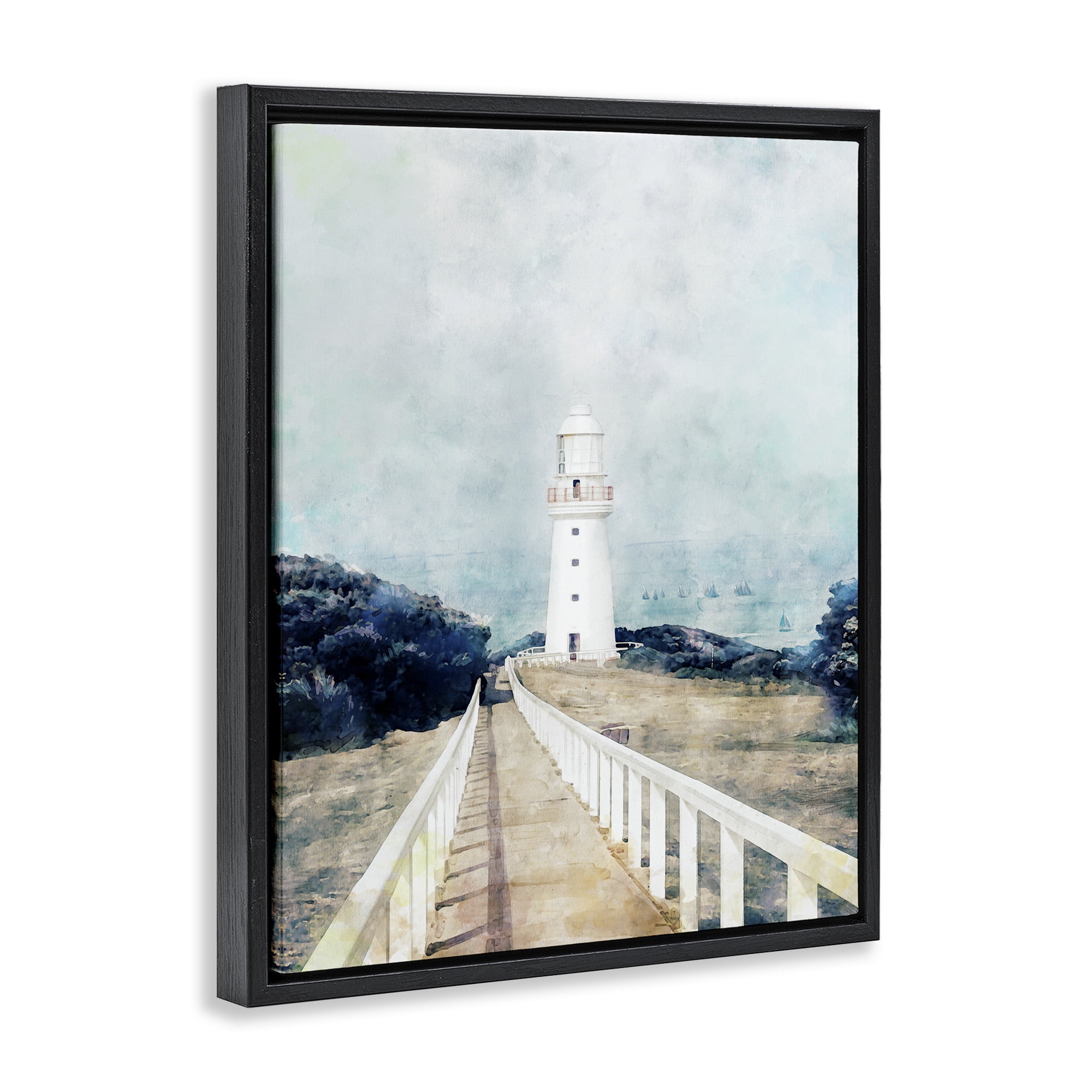 Stupell Industries White Lighthouse & Rustic Boardwalk Nature Painting Black Floater Framed Canvas Art Print Wall Art, 17 x 21