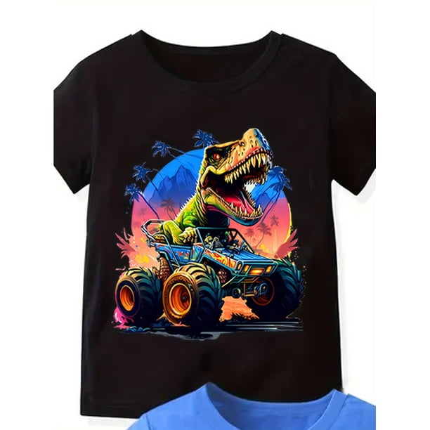 Boys' Cool & Trendy Dinosaur Off-Road Vehicle Print T-Shirts - Lightweight, Casual Short Sleeve Crew Neck in Black, Blue, Red, Gray - Soft Cotton for Summer Wear