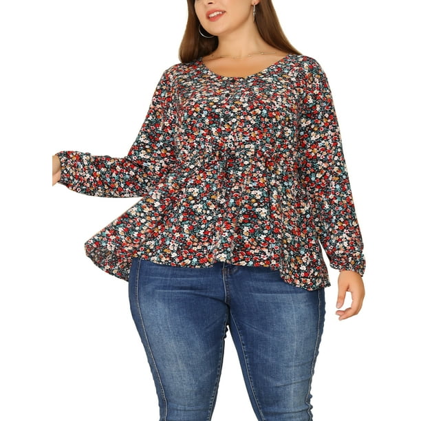 Blusa peplum de mujer de talla grande GRACE & GRANDEUR con cuello en V y botones 4X Negra