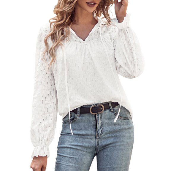 Fsqjgq Womens Tops Vintage Business Shirts for Women White Tunic Blouse Tops T Shirt Women's Shirt Autumn Winter Solid Slim V Neck Ribbon Long Sleeved Top Flowy Dressy Button Down Shirts Cute Wh XL