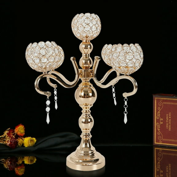 Gold 5 Arm Crystal Candelabra Votive Candle Holders Wedding Centerpieces Decor 55*45*16cm