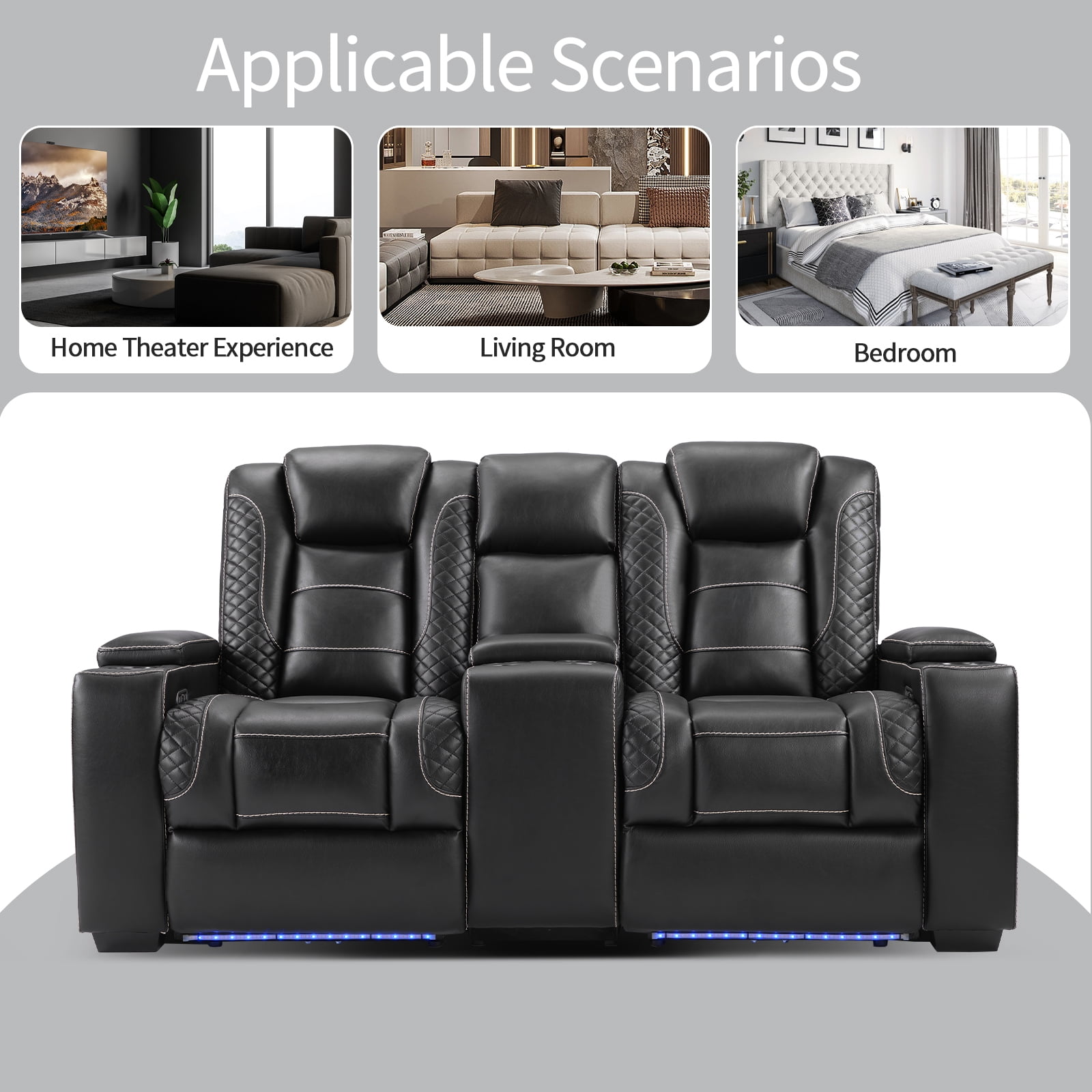 Bonzy Home Power Theater Loveseat Recliner — PU Leather Power Recliner with Center Console, USB Ports, LED Lights & Adjustable Headrests, Black