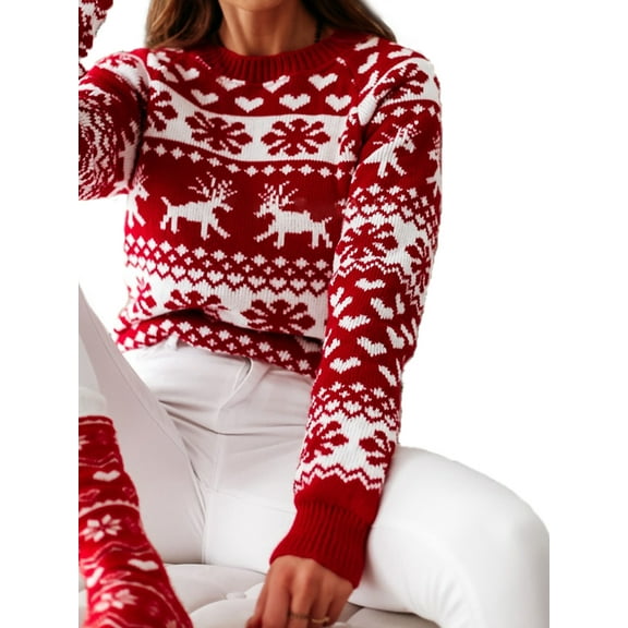 Women Christmas Sweaters Long Sleeve Elk Snowflake Print Knit Tops