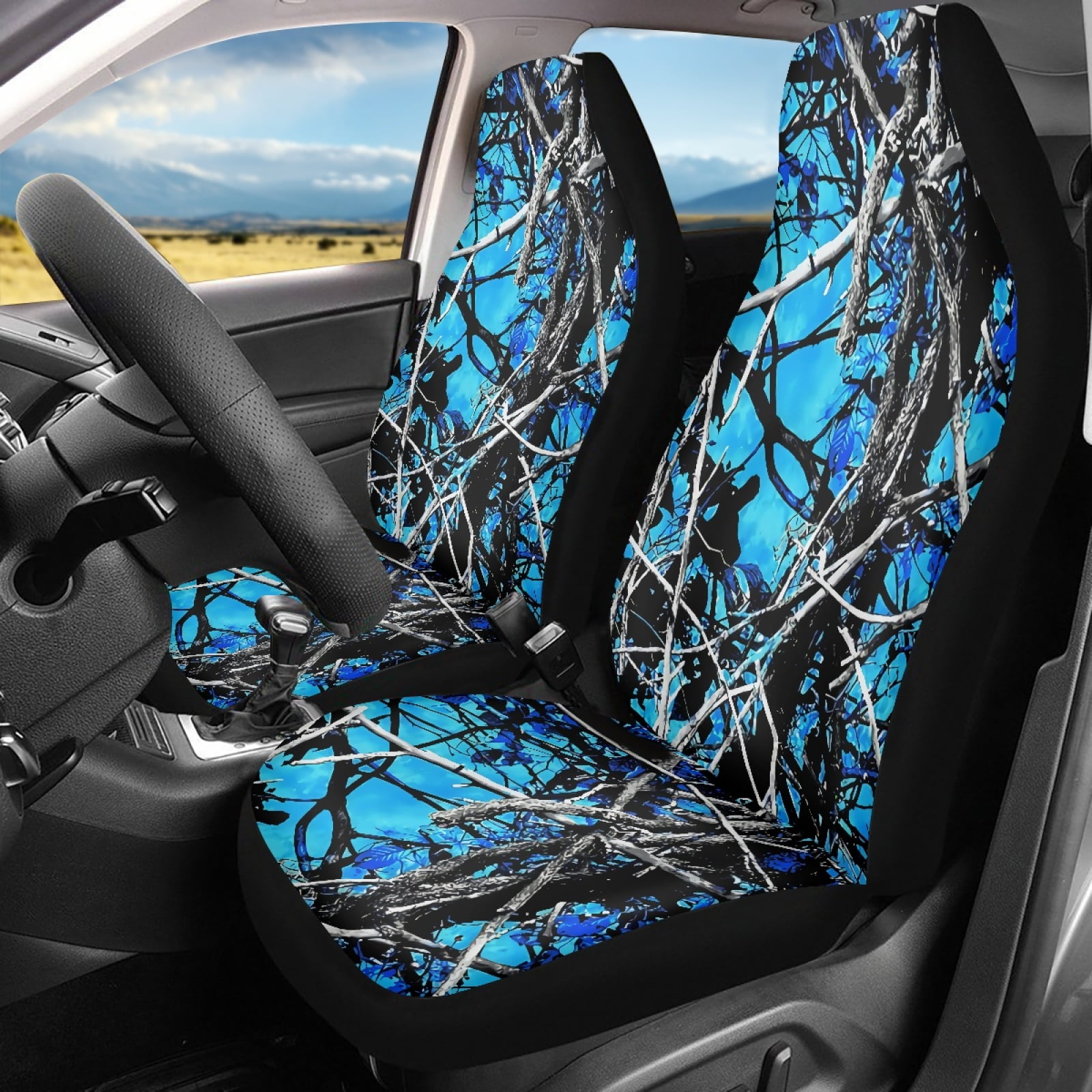Xoenoiee Blue Forest Camo Pattern 2 PCS Auto Bucket Seat Cover High Back Deisgn Car Front Seat Covers Universal Fit for SUV Sedan Van, Washable Car Bucket Seat Cover