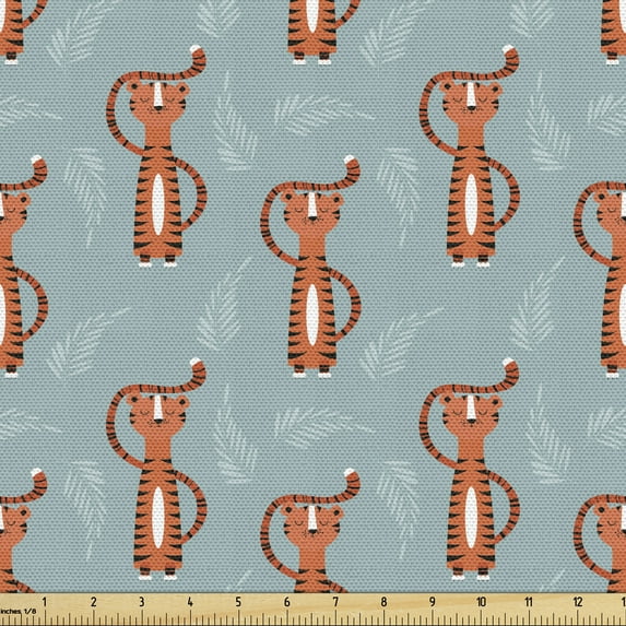 Cartoon Fabric by the Yard Upholstery, Orange Tiger Animal Zoology Leaves Ornaments Themed Layout, Decorative Fabric for DIY and Home Accents, Burnt Sienna and Pale Teal by Ambesonne