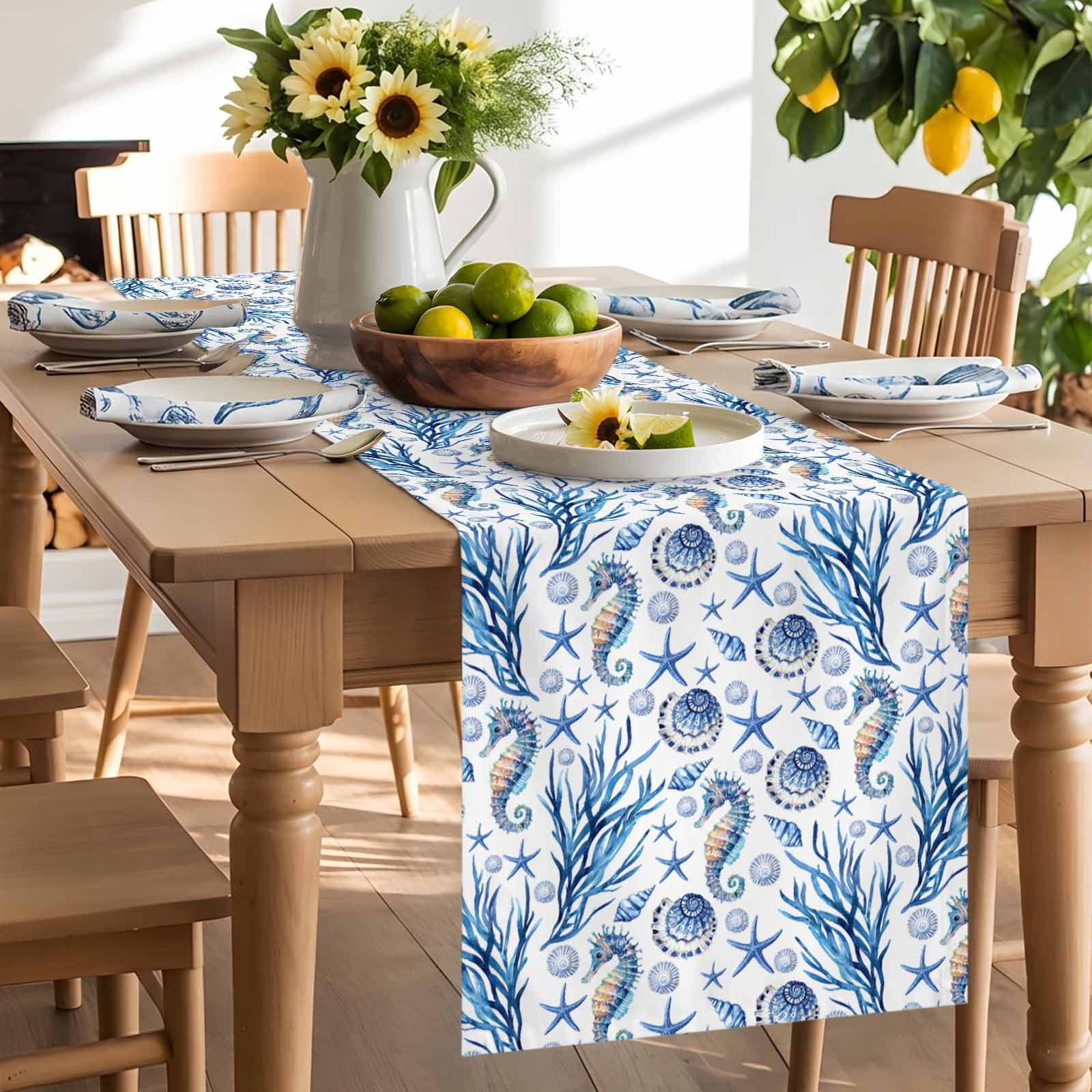 Summer Seahorse Coral Starfish Conch Table Runner 90 Inches Long, Seamless Blue Marine Life Table Runners Tabletop Scarf Kitchen Dining Tables Decoration for Home Party Indoor Outdoor
