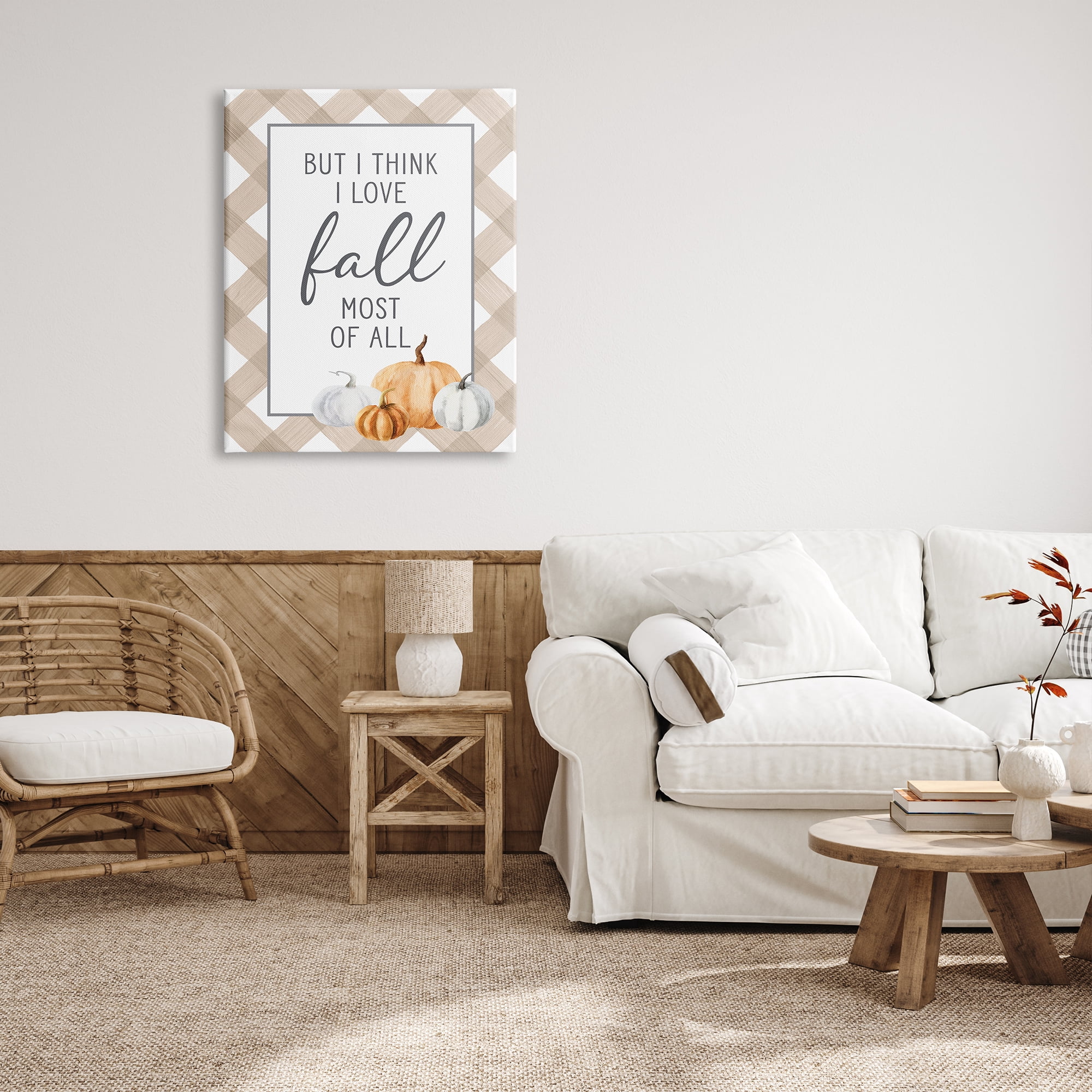 Stupell Industries Love Fall Most Of All Autumn Pumpkins Plaid Border Graphic Art Gallery Wrapped Canvas Print Wall Art, Design by Lettered and Lined