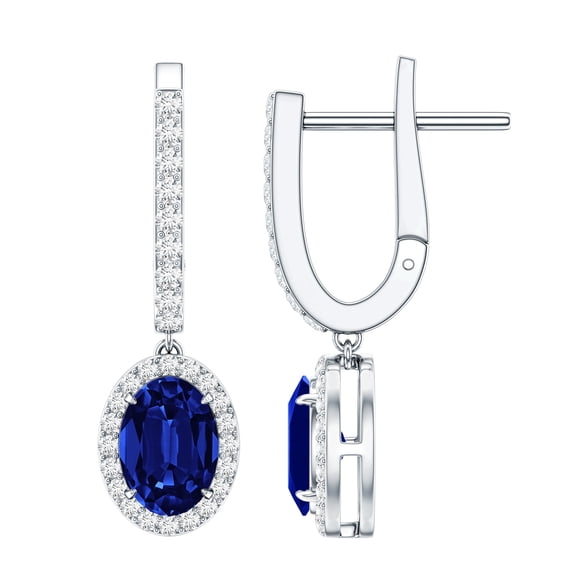 Rosec Jewels Lab Grown Blue Sapphire Drop Earrings with Moissanite for Women - 5X7 mm, 10K White Gold