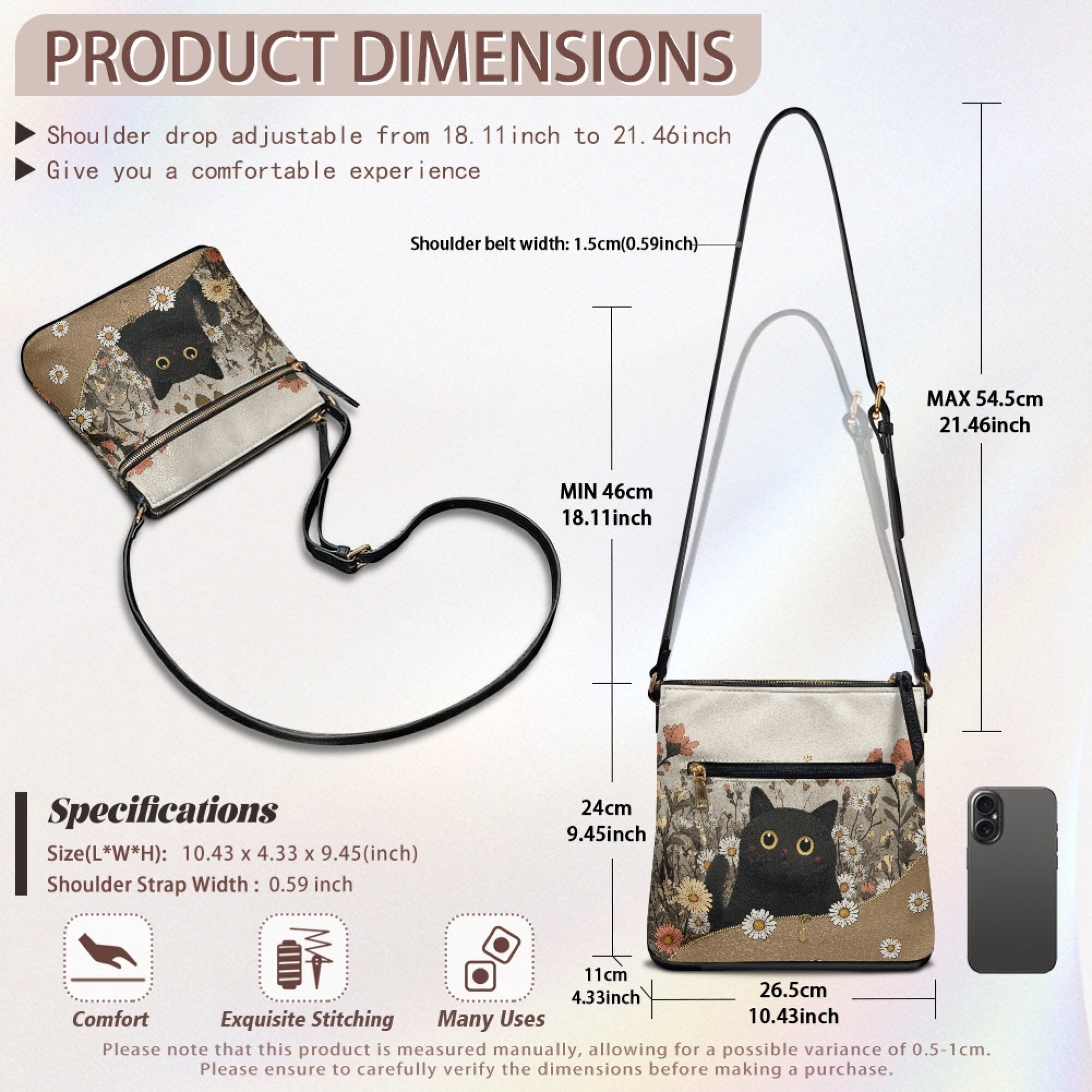 LedBack Black Cat Print Satchel Bags for Women Crossbody Purses for Ladies, Daisy Printed Leather Hobo Bag Shoulder Handbag Purse with Adjustable Strap for Shopping Travel Work, Brown