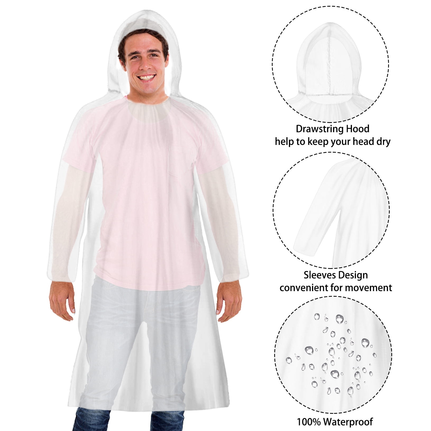 Ponpon 10pcs Disposable Rain Poncho, Adult Emergency Clear Waterproof Raincoat with Hood for Outdoor Hiking Camping