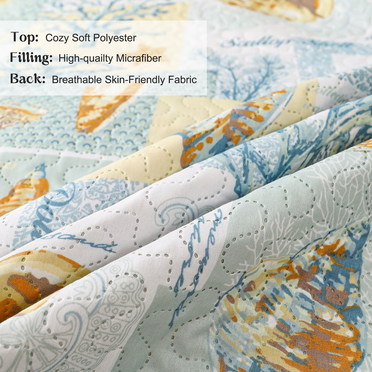 Kebury Ocean Beach Theme Quilts Bedding Set Queen Size Lightweight Patchwork Coastal Bedding Letter Printed Coverlets Conch Seashell Starfish Seaweed Bedspreads (1 Quilt, 2 Pillow Shams)