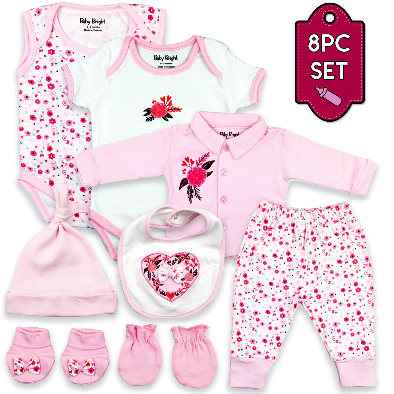 Baby Bright Baby Bright 8 Piece Newborn Essential Baby Layette Set, 0
