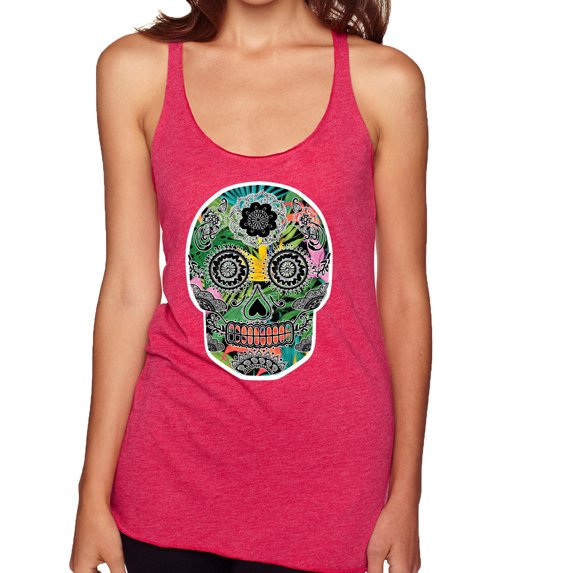 Day Of The Dead Calavera Skull Colorful Trippy | Womens Pop Culture Premium Tri-Blend Racerback Tank Top, Shocking Pink, Large