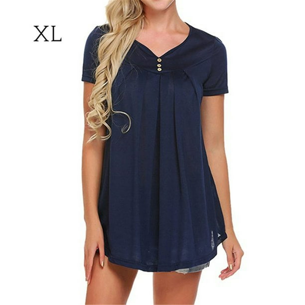 Camiseta de mujer de manga corta con cuello en V y blusa suelta plisada, azul, XL Inevent AP001587-04