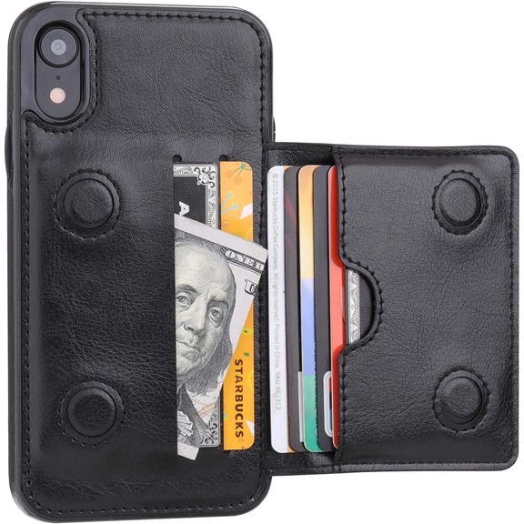 iPhone XR Wallet Case Credit Card Holder, Premium Leather Kickstand Durable Shockproof Protective Cover iPhone XR 6.1 Inch(Black)