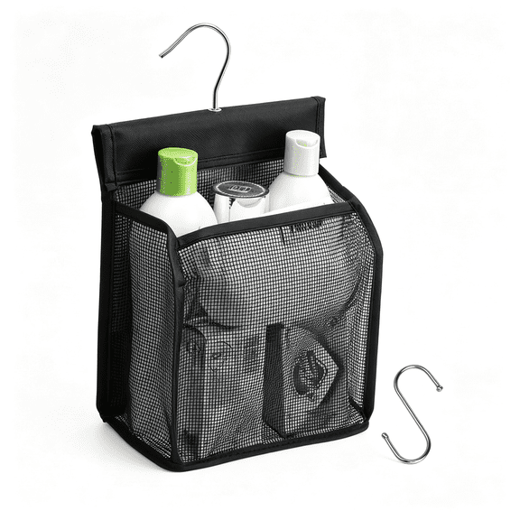 ACDANC Hanging Mesh Shower Caddy Organizer Bathroom Storage Bag with Hooks for Camper,Gym,Cruise,Cabin,College Dorm Shower,Swimming and Rv,Quick Dry Mesh Shower Caddy Black