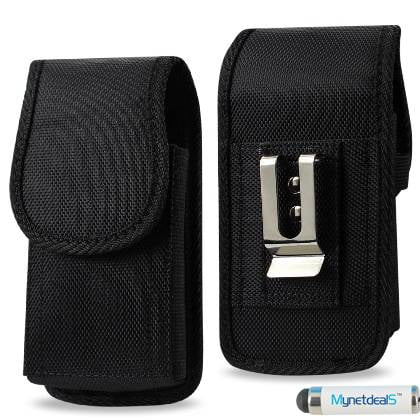 Vertical Black Rugged Canvas Case Pouch Holster for LG G8s ThinQ, W30 Pro, W10, for HTC Wildfire X, for Xiaomi Mi CC9 (Fits w/ Otterbox Symmetry Commuter ) ,w/ Metal Clip and Belt Loop.
