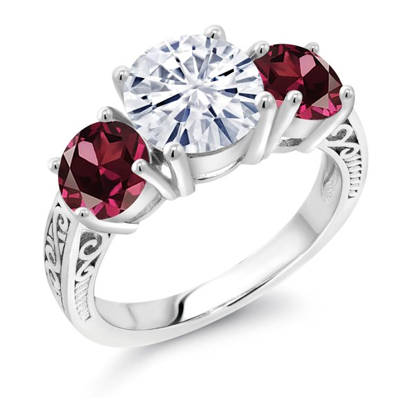 Gem Stone King 925 Sterling Silver White Moissanite and Red Rhodolite Garnet Engagement Ring for Women | 3.90 Cttw | Round 8MM | Gemstone Birthstone | Size 6