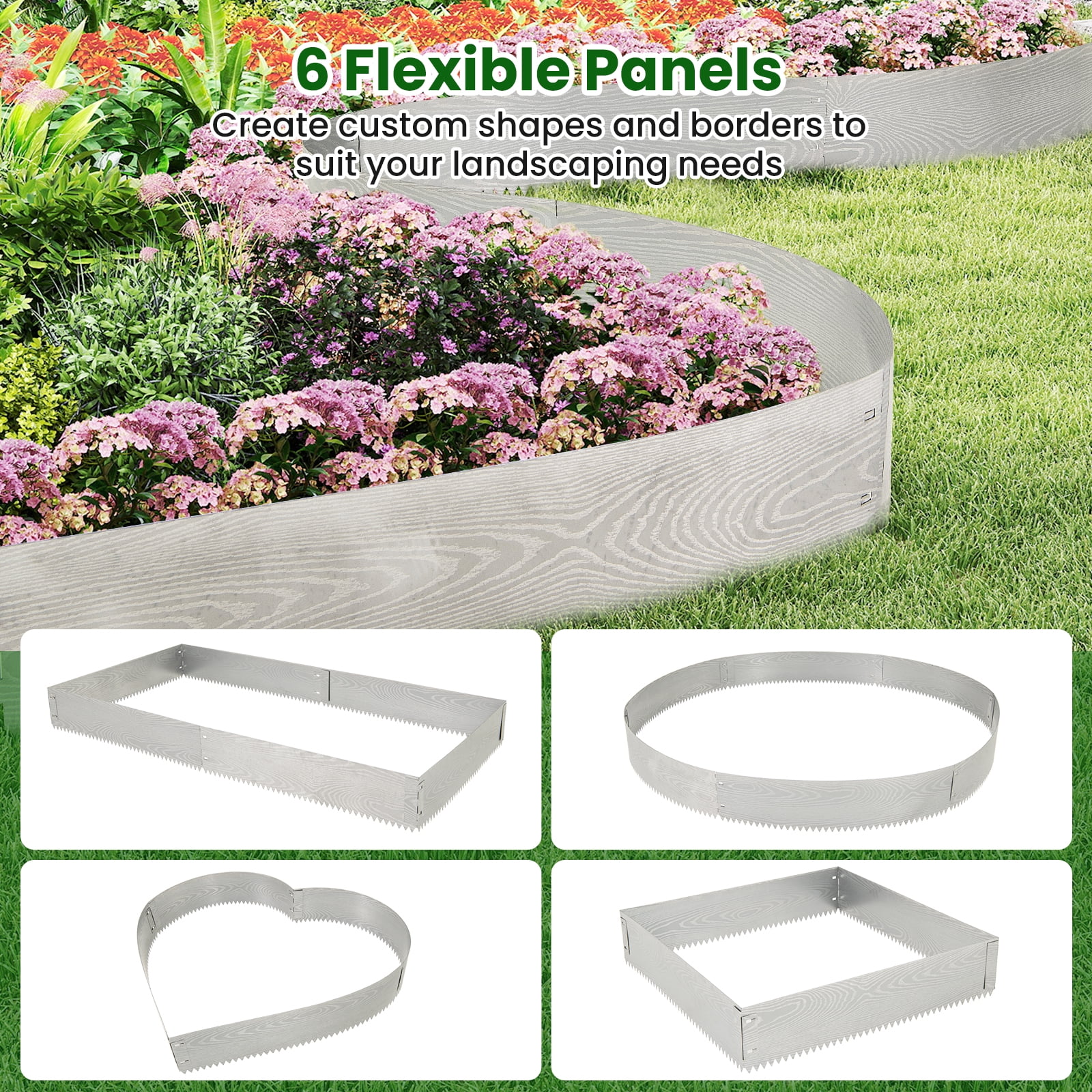Gymax 6-Pack 20 FT Galvanized Metal Landscape Edging Heavy-Duty Metal Patented Garden Border