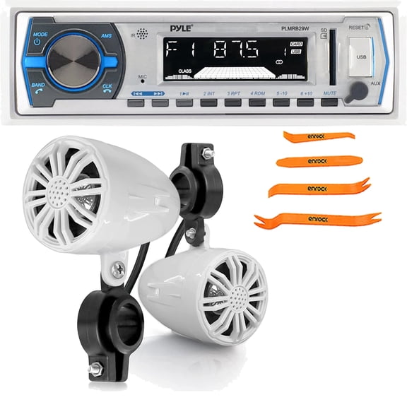 Pyle PLMRB29W Single DIN Bluetooth Marine USB/AUX MP3 Player AM/FM Radio In-Dash Stereo White Receiver W/Remote Control, 2x 2.25’' 10W Max Full Range Off-Road Speakers, 4-Piece Removal Pry Tool Set