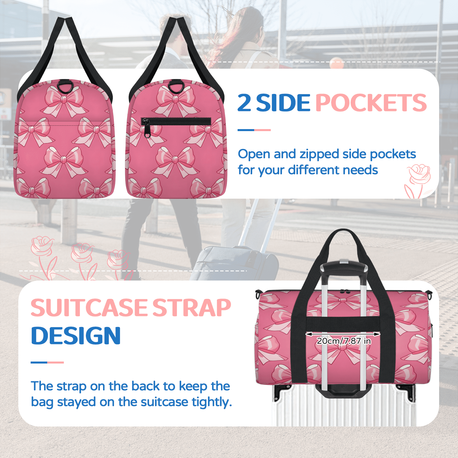 Herdesigns Pink Gym Bag for Women, Duffle Bag for Travel Sport, Bow Lightweight Waterproof Carry on Weekender Dance Yoga Workout Bags