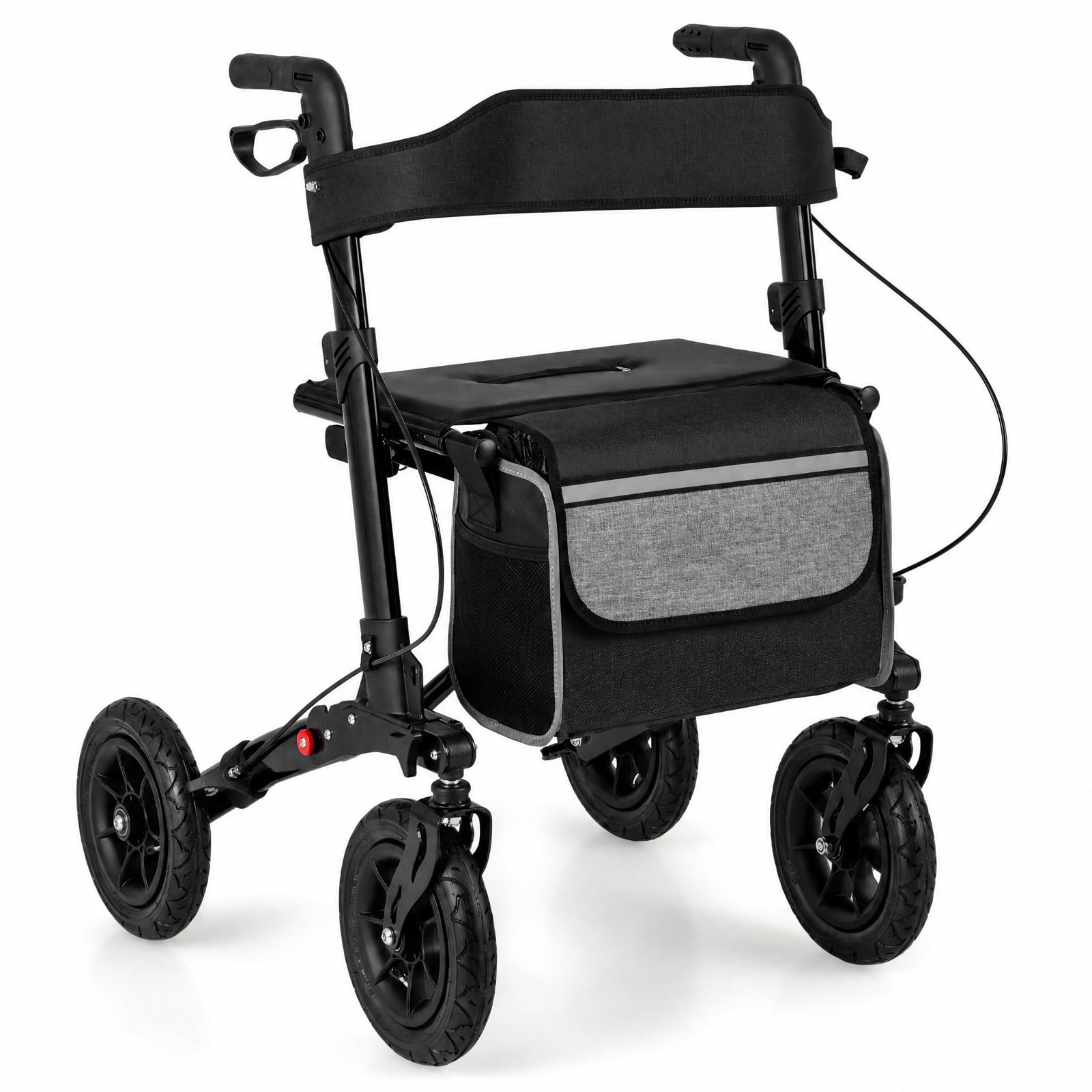 Vebreda Folding Rollator Walker for Seniors with Padded Seat Backrest Pneumatic Wheels and Large Storage Bag for All Terrain Use, Black