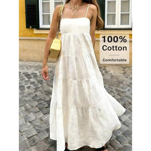 White Womens Tiered Maxi Dress | 100% Cotton Lightweight Boho A-Line Sleeveless Dress