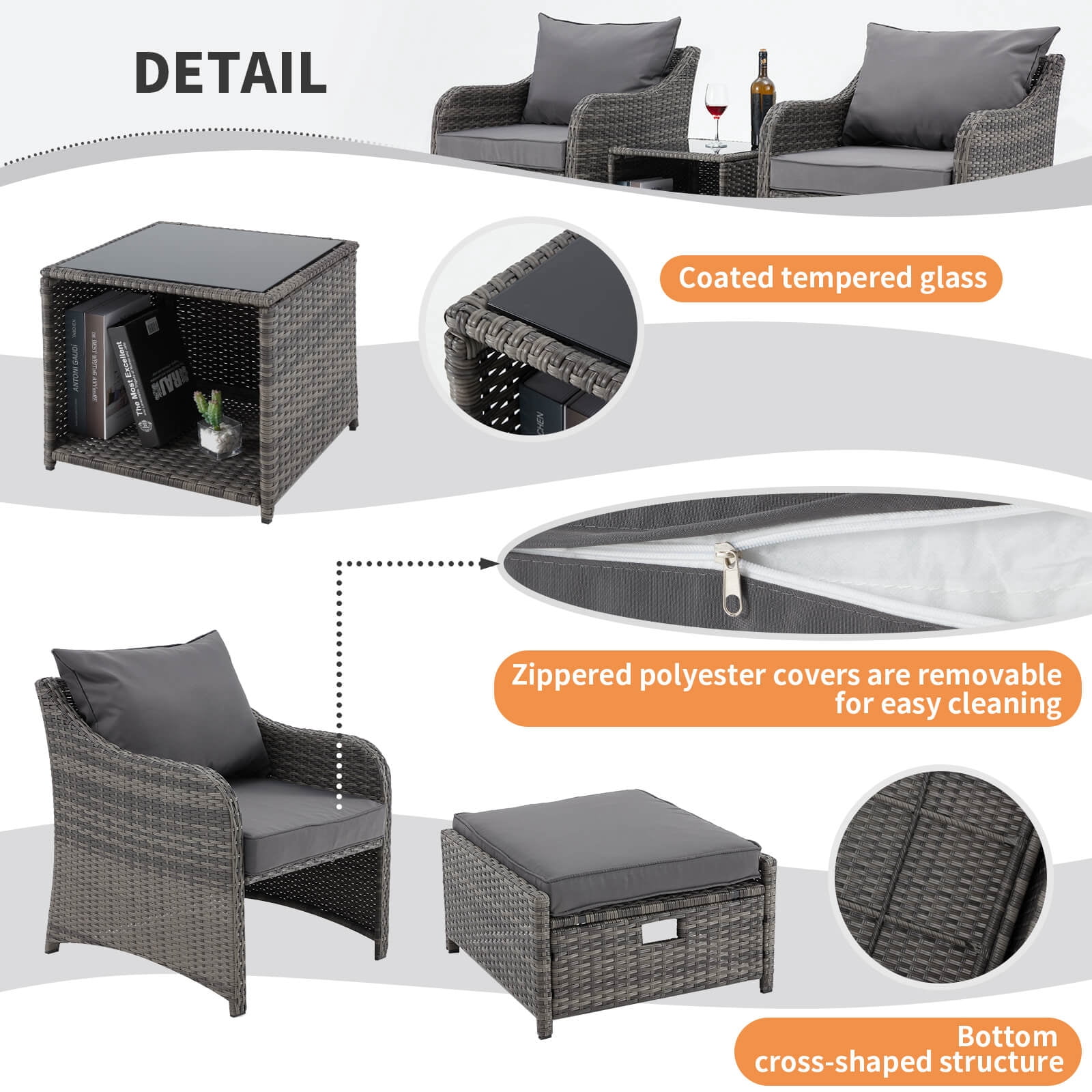 HOMREST 5 Piece Balcony Furniture, All Weather PE Wicker Rattan Patio Furniture Set, Cushioned Patio Chairs Set of 2 w/Ottoman&Table, Outdoor Lounge Chair for Lawn Pool Balcony