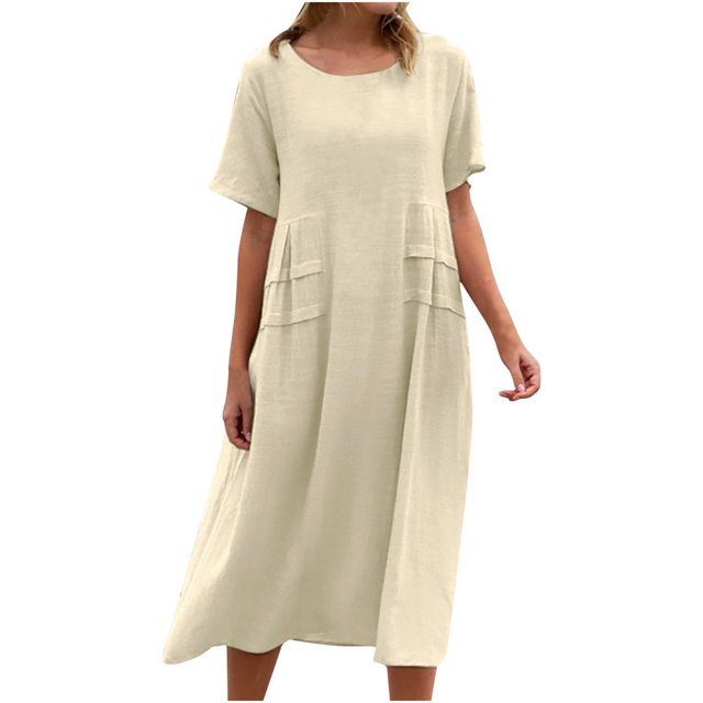CHOK Robes d'Été Grande Taille pour Femmes Décontractées en Coton et Lin Couleur Unie Manches Courtes Col Rond Robe Maxi