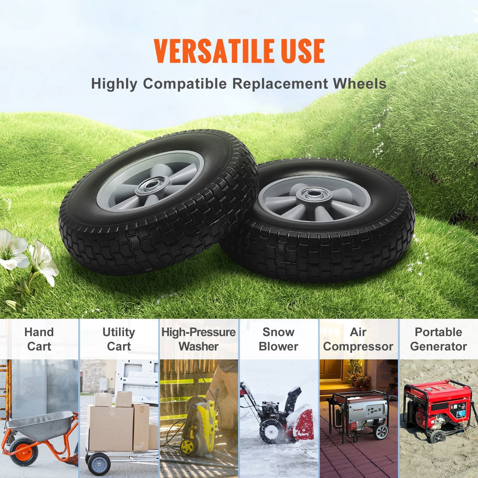 Solid PU Run-Flat Tire Wheel, 10", 2-Pack, 180 lbs Dynamic Load, 220 lbs Static Load, Flat Free Tubeless Tires and Wheels for Hand Truck, Utility Cart, Dollies, Garden Trailers, Various Carts