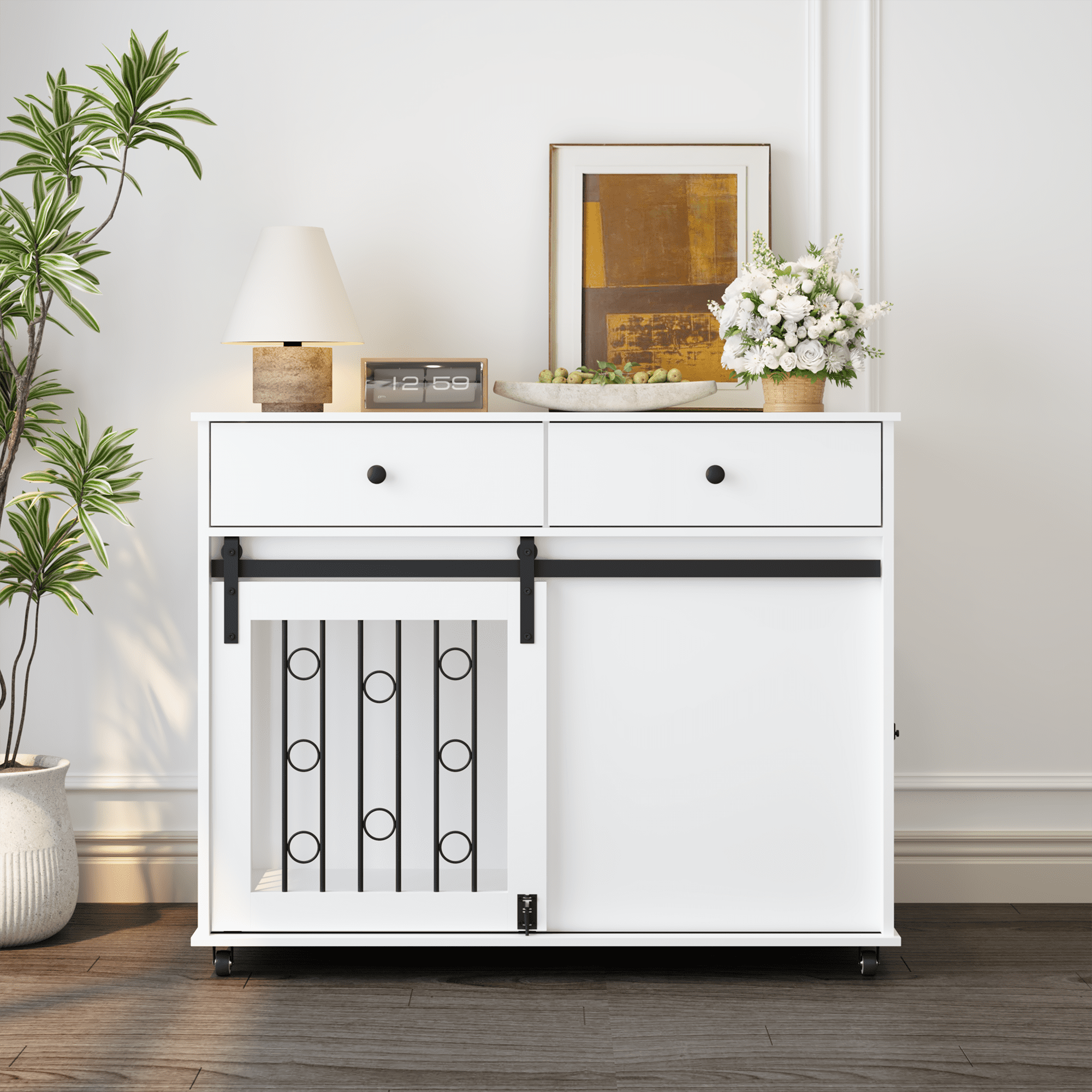 Modern Wooden Dog Crate Furniture, 39.37 Inch Decorative Pet Kennel End Table with Sliding Barn Door, Double Storage Drawers & Lockable Wheels, Stylish Dog Cage for Small Medium Dogs, White